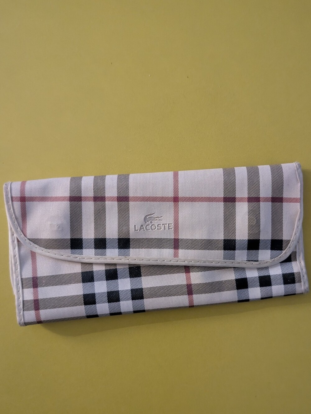 Lacoste Makeup Brush Holder - Cream, Black & Red Striped Plaid